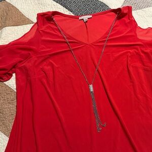 Red V-Neck Dress with Silver Necklace